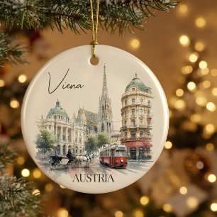 Vintage Watercolor Vienna Austria Christmas Ceramic Tree Decoration