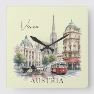 Vintage Watercolor Vienna Austria Tram & Cathedral Square Wall Clock