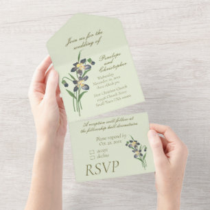 Vintage Watercolor Violets Sage Green Wedding All In One Invitation
