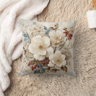 Vintage Watercolor White Flowers Red Berries   Cushion
