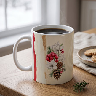 Vintage Watercolor White Magnolia Pine Cone Winter Coffee Mug