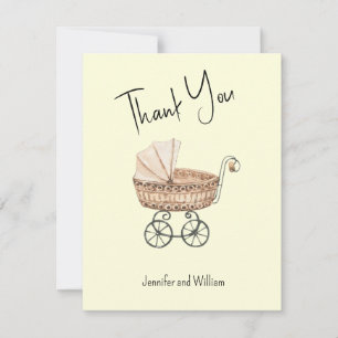 Vintage Watercolor Wicker Baby Buggy Baby Shower Thank You Card