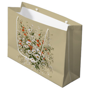 Vintage Watercolor Wildflower Daisy Bouquet Beige  Large Gift Bag