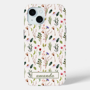 Vintage Watercolor Wildflower Monogrammed Initial iPhone 15 Case