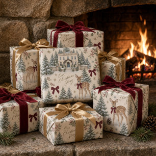 Vintage Watercolor Winter Deer Wrapping Paper