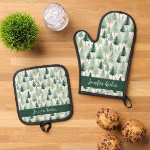 Vintage Watercolor Winter Forest Personalised Oven Mitt & Pot Holder Set