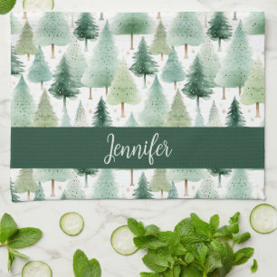 Vintage Watercolor Winter Forest Personalised Tea Towel
