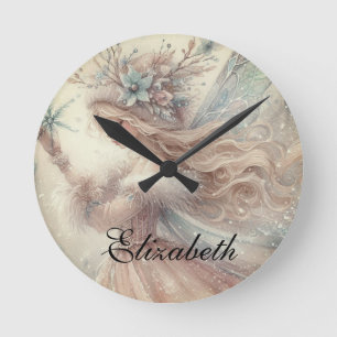 Vintage Watercolor Winter Snow Fairy Fantasy Art Round Clock