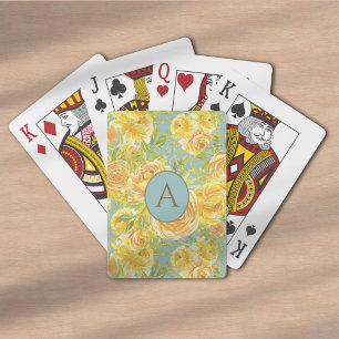 Vintage Watercolor Yellow Monogram Rose Pattern Playing Cards