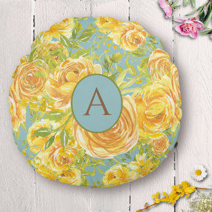 Vintage Watercolor Yellow Monogram Rose Pattern Round Cushion