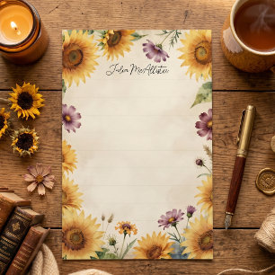 Vintage Watercolor Yellow Sunflower Purple Cosmos Stationery