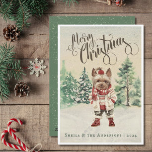 Vintage Watercolor Yorkshire Terrier Dog Holiday Card