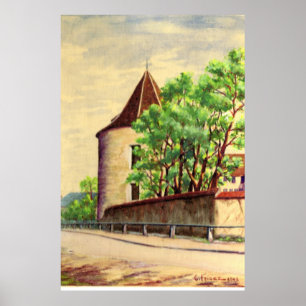 Vintage watercolour A vineyard in France Poster