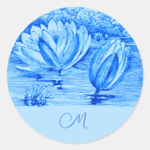 vintage waterlilies - monogrammed blue classic round sticker