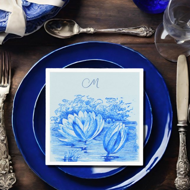  vintage    waterlilies  - monogrammed  blue  napkin (Creator Uploaded)