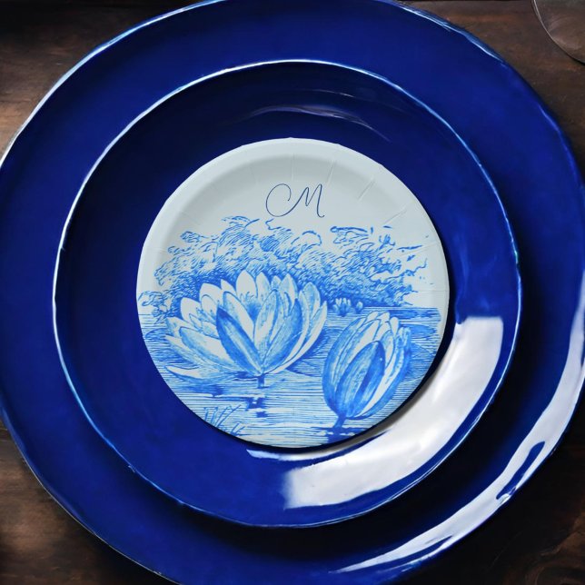  vintage    waterlilies  - monogrammed  blue  paper plate (Creator Uploaded)