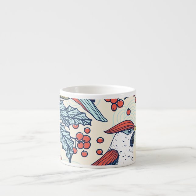 Vintage Waxwings Holly Christmas Pattern Espresso Cup (Front)
