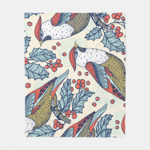 Vintage Waxwings Holly Christmas Pattern Fleece Blanket