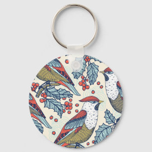 Vintage Waxwings Holly Christmas Pattern Key Ring