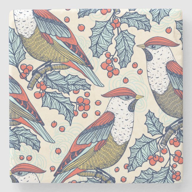 Vintage Waxwings Holly Christmas Pattern Stone Coaster (Front)