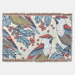 Vintage Waxwings Holly Christmas Pattern Throw Blanket