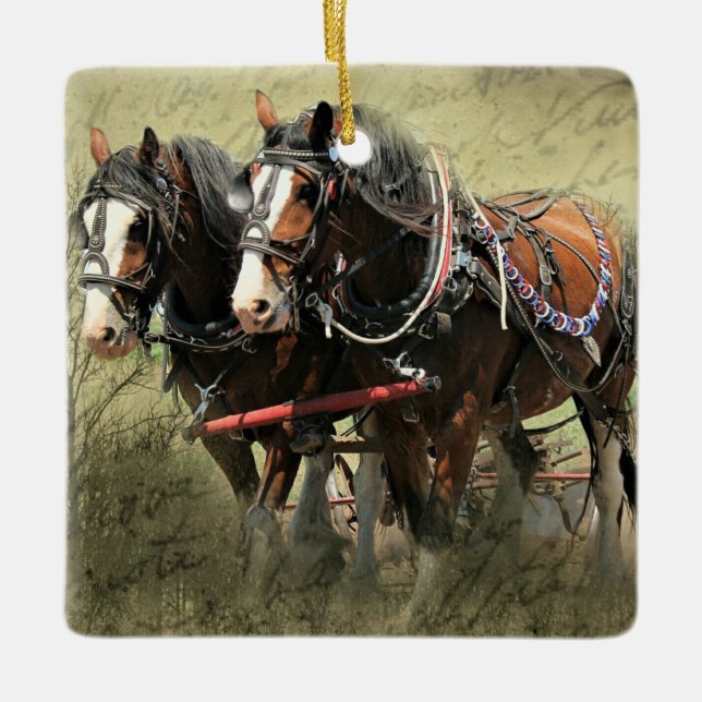 Vintage Weathered Clydesdale Postcard Ceramic Ornament (Front)