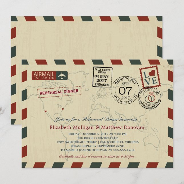 Vintage Wedding Airmail |  Rehearsal Dinner Invitation (Front/Back)
