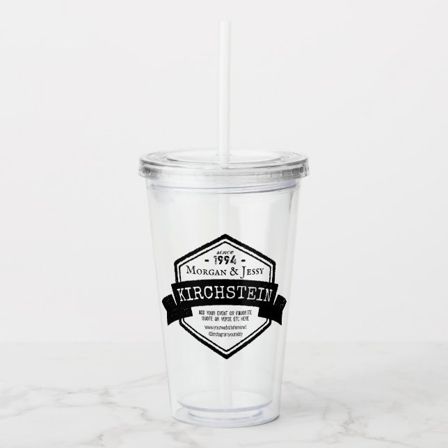 Vintage Wedding Anniversary Ribbon Hexagon Logo Acrylic Tumbler (Front)