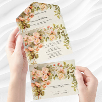 Vintage Wedding Antique Garden Rose Flowers Floral All In One Invitation