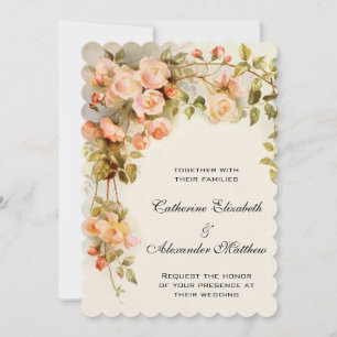 Vintage Wedding, Antique Pink Rose Flowers Floral Invitation