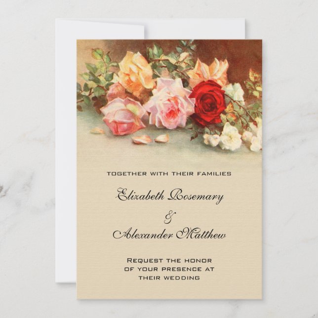Vintage Wedding, Antique Roses Flowers Still Life Invitation (Front)