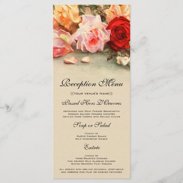 Vintage Wedding, Antique Roses Flowers Still Life Menu (Front)