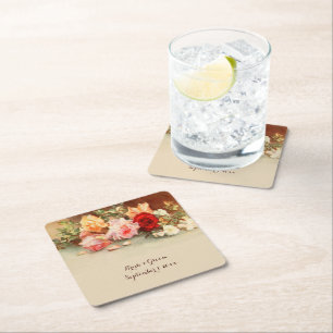 Vintage Wedding, Antique Roses Flowers Still Life Square Paper Coaster