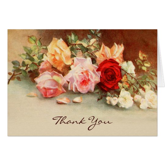 Vintage Wedding, Antique Roses Flowers, Thank You Card