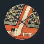 Vintage Wedding, Art Deco Bride and Groom Newlywed Round Clock<br><div class="desc">Vintage illustration love and romance art deco design featuring a couple getting married in a church with the guests seated for the marriage ceremony. The man is wearing a formal tuxedo and the woman is wearing a traditional white gown with a long veil that runs down the aisle. The bridal...</div>