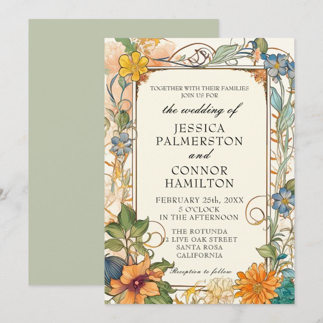 Vintage Wedding Art Nouveau Floral Invitation (Front/Back)