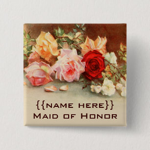 Vintage Wedding Badge Antique Roses Flowers Floral
