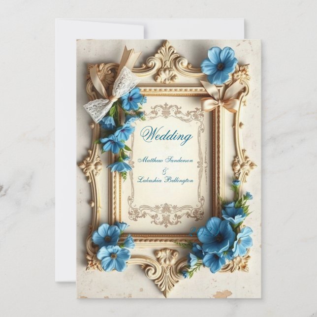 Vintage Wedding Beautiful floral French Blue Invitation (Front)