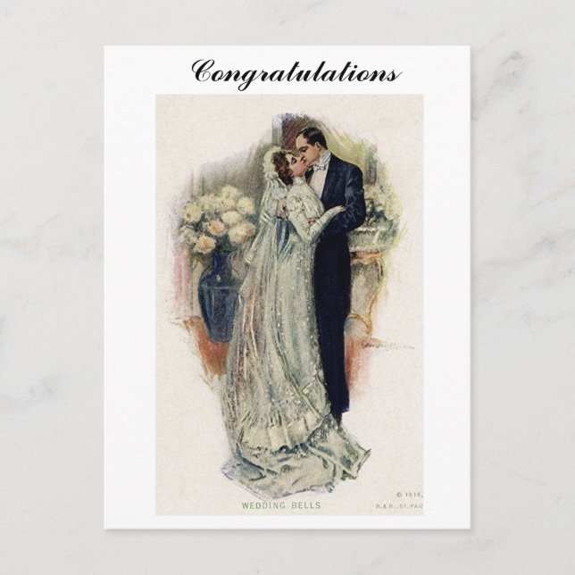 Vintage Wedding Bells Bride And Groom Postcard (Front)