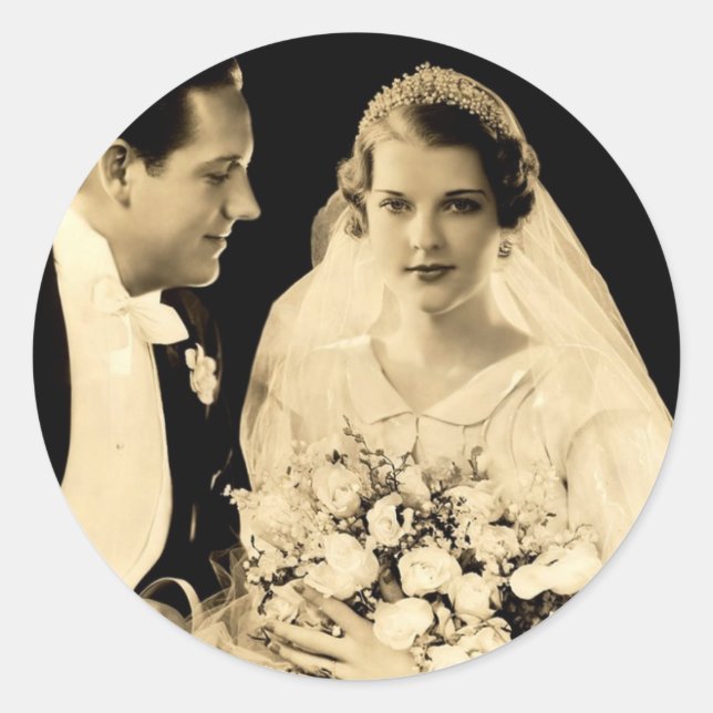 Vintage Wedding Bride and Groom Classic Round Sticker (Front)