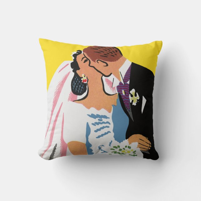 Vintage Wedding, Bride and Groom Newlyweds Kissing Cushion (Front)