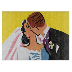 Vintage Wedding, Bride and Groom Newlyweds Kissing Cutting Board