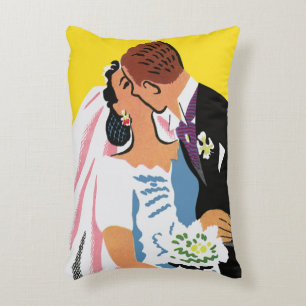 Vintage Wedding, Bride and Groom Newlyweds Kissing Decorative Cushion