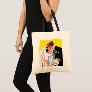Vintage Wedding, Bride and Groom Newlyweds Kissing Tote Bag