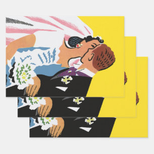 Vintage Wedding, Bride and Groom Newlyweds Kissing Wrapping Paper Sheet