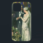 Vintage Wedding, Bride and Groom with Menorah iPhone 12 Case<br><div class="desc">Vintage illustration love and romance wedding ceremony image featuring a couple getting married in a beautiful synagogue with stained glass windows,  flowers and a seven branch menorah. The bride is wearing a long white wedding gown and the groom is handsome in his tuxedo.</div>