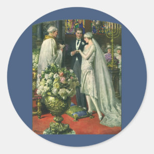 Vintage Wedding, Bride and Groom with Menorah Classic Round Sticker