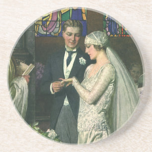 Vintage Wedding, Bride and Groom with Menorah Coaster