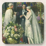 Vintage Wedding, Bride and Groom with Menorah Coaster<br><div class="desc">Vintage illustration love and romance wedding ceremony image featuring a couple getting married in a beautiful synagogue with stained glass windows,  flowers and a seven branch menorah. The bride is wearing a long white wedding gown and the groom is handsome in his tuxedo.</div>