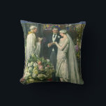 Vintage Wedding, Bride and Groom with Menorah Cushion<br><div class="desc">Vintage illustration love and romance wedding ceremony image featuring a couple getting married in a beautiful synagogue with stained glass windows,  flowers and a seven branch menorah. The bride is wearing a long white wedding gown and the groom is handsome in his tuxedo.</div>